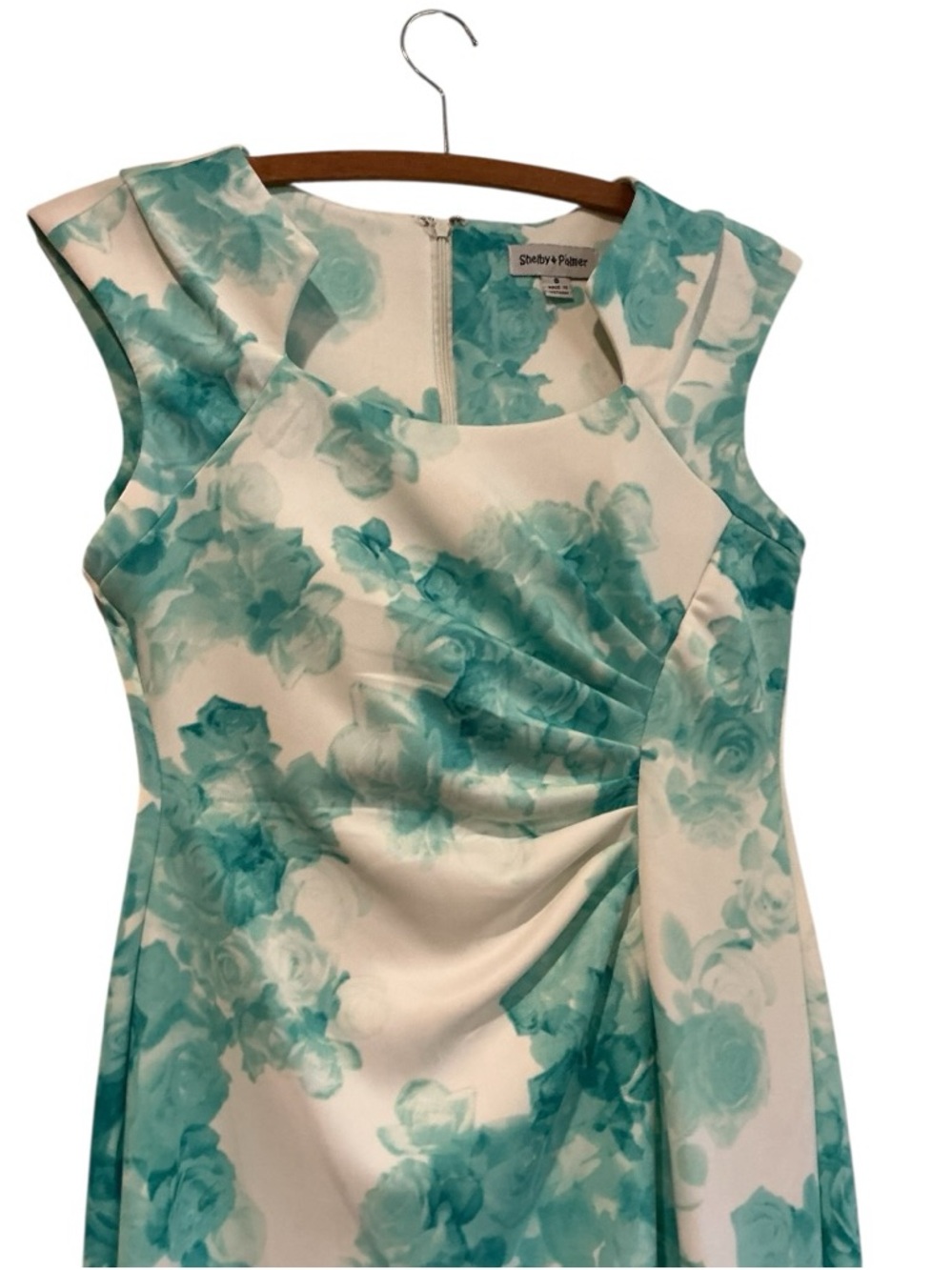 Shelby & Palmer Floral Sheath Dress Size 6 Blue White Ruched Elegant Midi - Picture 6 of 8